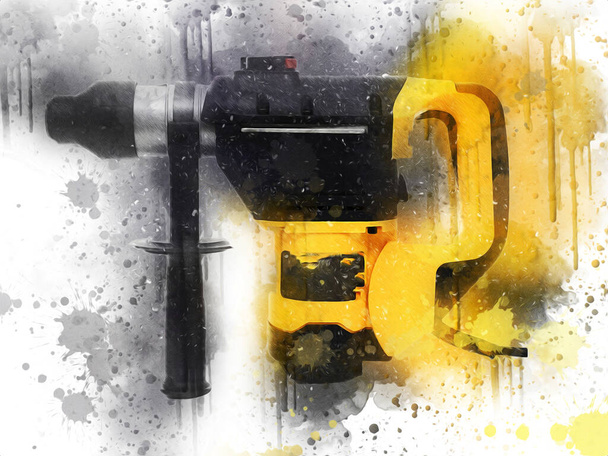 βαρύ κίτρινο μαύρο jack-hammer τρυπάνι τρυπάνι εργαλείο χειρός απομονωμένο λευκό φόντο. Έννοια εργαλείων της κατασκευαστικής βιομηχανίας - Φωτογραφία, εικόνα