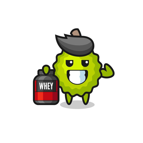 the muscular durian character is holding a protein supplement , cute style design for t shirt, sticker, logo element - Vektor, obrázek