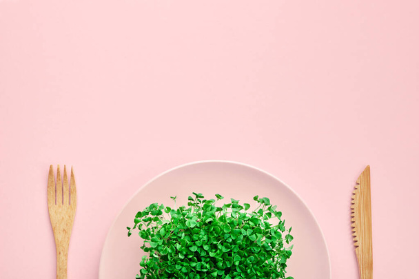 Μικρή ποσότητα μικροπράσινου σε ένα πιάτο. Ροζ χρώμα. Έννοια της διατροφής και της απώλειας βάρους. - Φωτογραφία, εικόνα