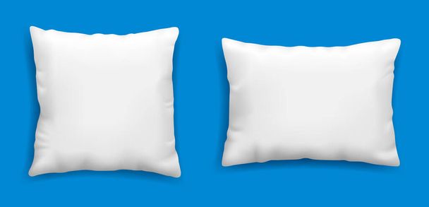 Saubere weiße Kissen-Attrappe isoliert auf blauem Hintergrund, Vektorillustration in realistischem Stil. Quadratisches Kissen zur Entspannung und Schlafvorlage. - Vektor, Bild