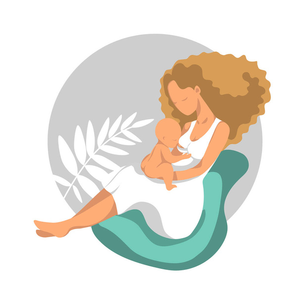 Mujer amamantando a su bebé recién nacido en posición de embrague. Ilustración de vector de estilo plano. - Vector, imagen