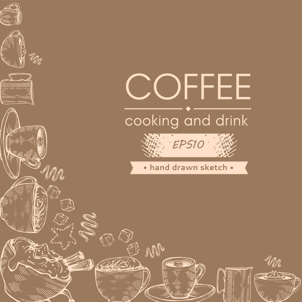 Hand-drawn sketch coffee cooking and drinks, vector illustration. - Vector, Image