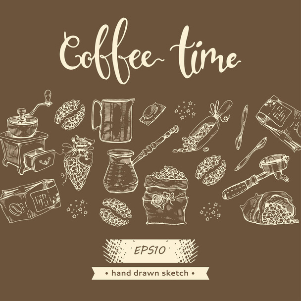 Bild von Kaffeebohnen und Werkzeugen. Kaffeezeit. Handgezeichnete Skizze, Vektorillustration. - Vektor, Bild