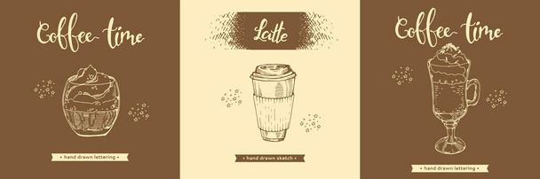 Handgezeichnete Skizzen von Kaffeegetränken und Desserts. Vektorillustration. - Vektor, Bild