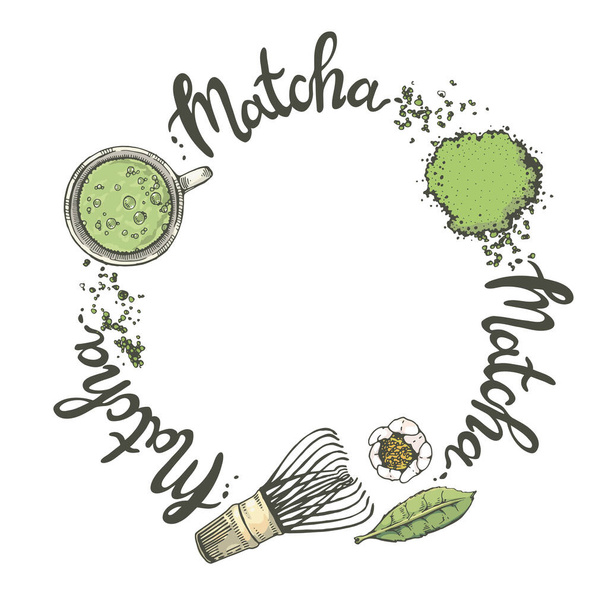 Matcha drink and bamboo whisk round lettering, vector illustration. - Vector, Image