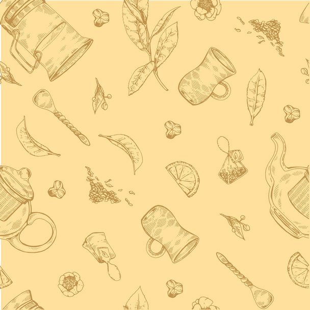 Detailed hand-drawn seamless pattern tea leaves and dishes, vector illustration. - Wektor, obraz