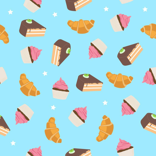 Pastry Pattern. Vector semaless pattern or background with Cupcakes, Croissants and Cakes - Vecteur, image