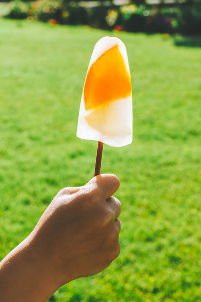 Frozen popsicles on stick in child's hand on background of green grass. Ice cream with orange and lemon slices. Vertical - Foto, Imagen