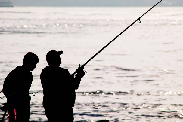 Siluety amatérských rybářů s rybářskými pruty na pobřeží v časných ranních hodinách. - Vektor, obrázek