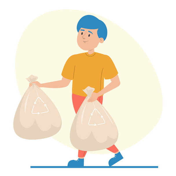 Boy holding garbage bags vector isolated. Illustration of a child taking trash out of home. Cleaning home, doing domestic work concept. - Vector, Image