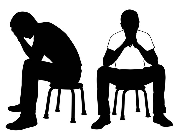 silhuetas de homens tristes sentados em cadeira pequena - Vetor, Imagem