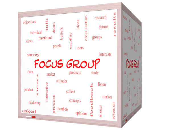 fokussieren Gruppe Wort Cloud-Konzept auf einem 3D-Würfel Whiteboard - Foto, Bild