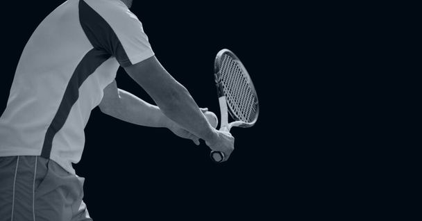 Compostion of male tennis player on black background. championships, sports and competition concept digitally generated image. - Foto, afbeelding
