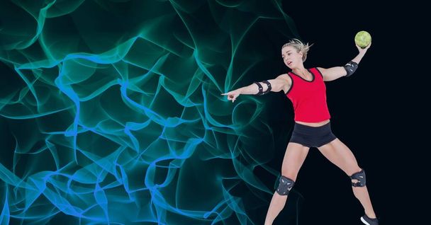 Composition of caucasian female handball player holding ball with copy space on black background. sports and competition concept digitally generated image. - Valokuva, kuva