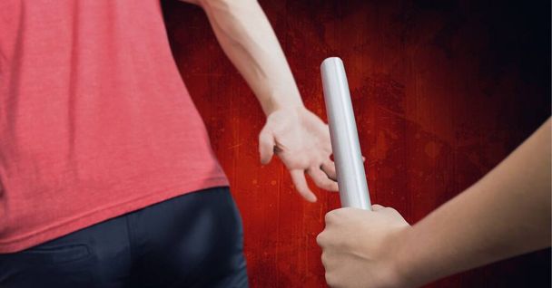 Composition of midsection of caucasian athletes passing grey relay baton. sports and competition concept digitally generated image. - Fotografie, Obrázek