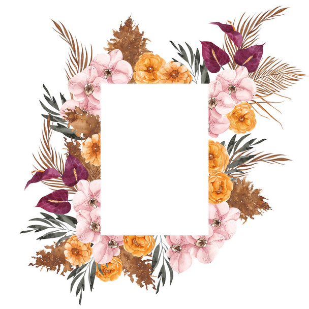Watercolor frame in boho style, with dried palm leaves, flowers, pampas grass, isolated on white background - 写真・画像