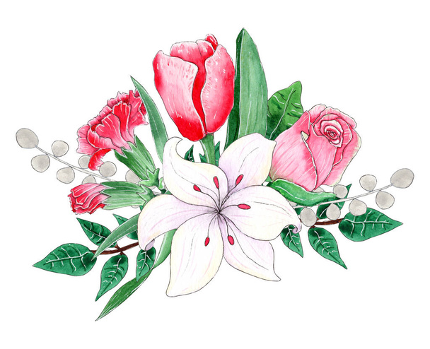 Watercolor floral bouquet composition, flower arrangement. - Photo, Image