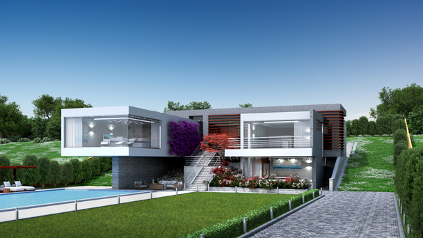 3D Illustration of a modern luxury house with a pool, in a contemporary, original architectural design. - Photo, Image
