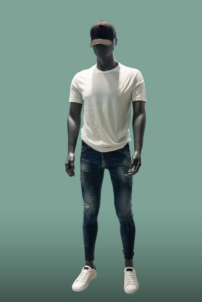Full length image of a male display mannequin wearing casual clothes isolated on a green background. - Foto, Bild