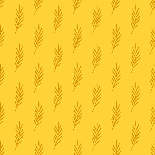 Ботанический бесшовный рисунок с каракулями оранжевых листьев формы ветвей. Желтый яркий фон. Иллюстрация запасов. Векторный дизайн для текстиля, ткани, обертывания, обоев. - Вектор,изображение