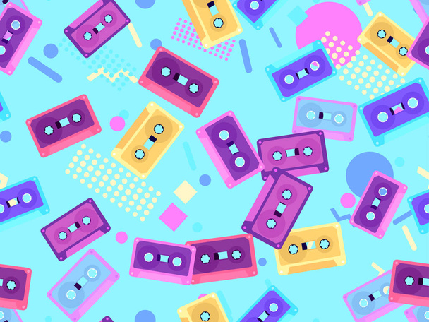 Бесшовный узор с аудиокассетами геометрической формы в стиле 80-х годов. Музыкальные кассеты для диктофонов. Векторная иллюстрация - Вектор,изображение