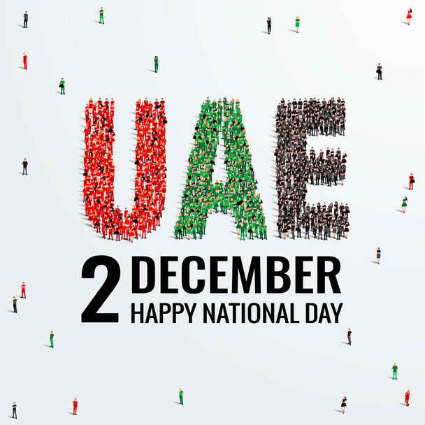 2 Aralık Birleşik Arap Emirlikleri veya BAE Ulusal Günü. BAE Ulusal Günü 'nü yaratmak için geniş bir grup insan oluşturur.. - Vektör, Görsel