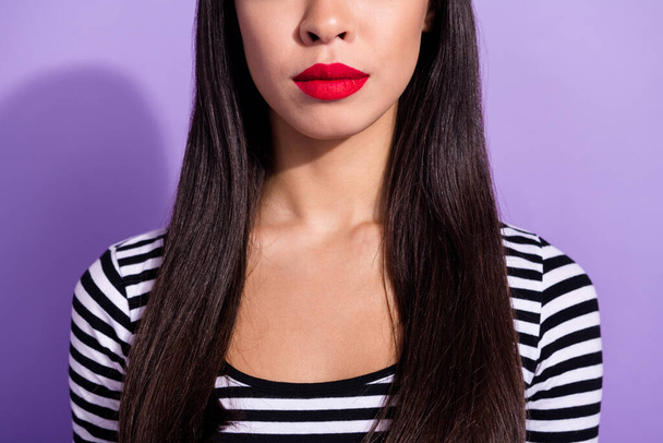 Cropped photo of young beautiful stunning korean woman with red lipstick wear striped sweater isolated on violet color background - Zdjęcie, obraz