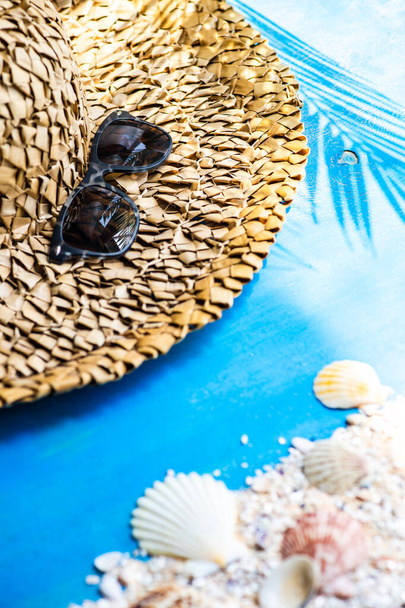 Summertime flat lay with sea and marine themed summer background - Photo, Image