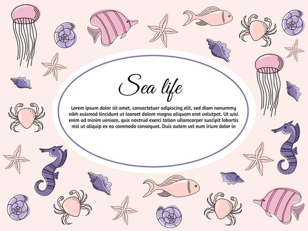 Tarjeta con peces de colores. Ilustración vectorial. Diseño de tarjetas de felicitación para ilustraciones de vida marina. Carteles, Cartas, Banners, Moda - Vector, Imagen