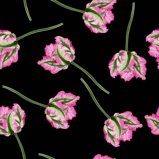 Piękny wzór botaniczny z kwiatów tulipanów, bezszwowy wzór. Piękny druk do druku na tkaninie, tapecie, designerskich nadrukach. Ciemne tło. - Wektor, obraz