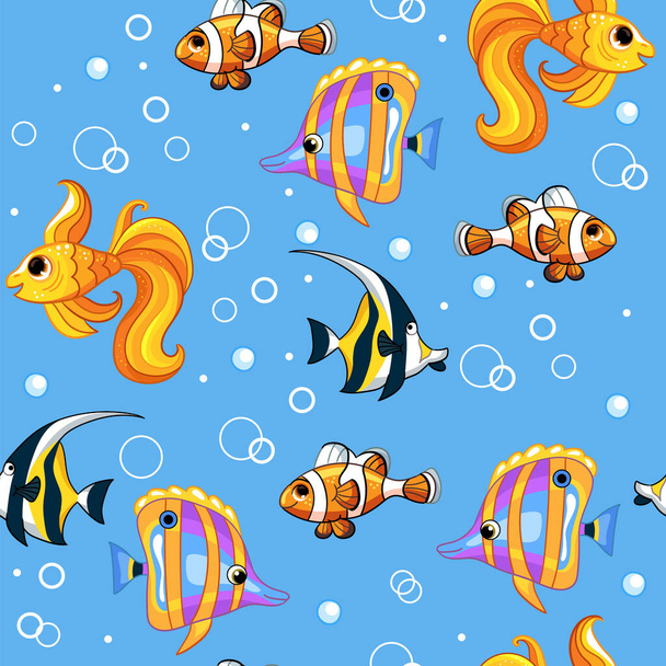 Bezešvé vzor moře cestování pod vodou potápění tropické ryby. Abstraktní šablona vektorové ilustrace. Roztomilý kreslený styl, modré pozadí.Pro potisk, tričko, design, tapety, dekorace, textil, obaly - Vektor, obrázek