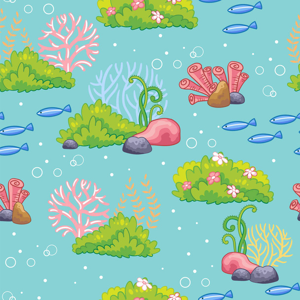 Bezešvé vzory putují pod vodou volně žijící ryby, vodní vegetace a korály. Vektorová ilustrace. Kreslený styl, tyrkysové pozadí. Pro tisk, design, tapety, dekor, textil, obaly - Vektor, obrázek