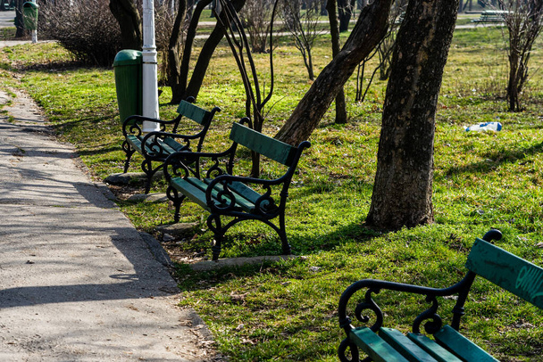Пусті лавки в парку в Бухаресті, Румунія, 2021 рік. - Фото, зображення
