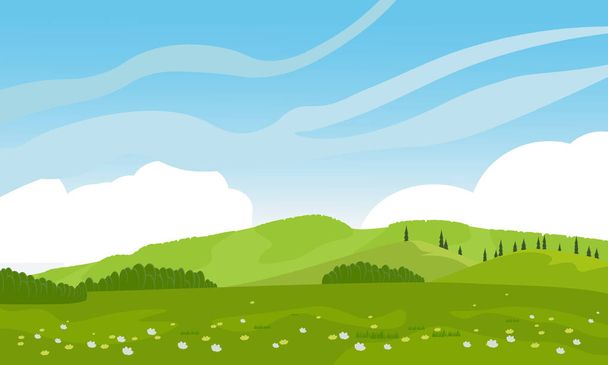 フィールド、丘、森と雲と空と美しい田園風景。バナーのフラットスタイルのカラーベクトルイラスト. - ベクター画像