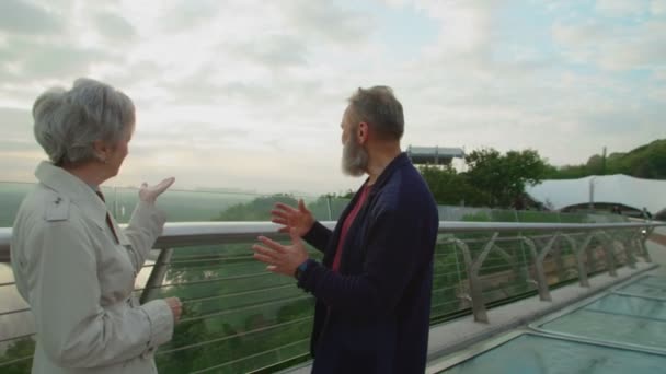 Dojrzałe para stoi na moście patrząc razem na widok na miasto - Materiał filmowy, wideo