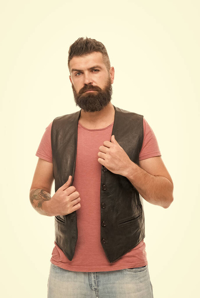 Feeling weird. Hipster mature guy with beard brutal guy. Emotional face expression. Masculinity concept. Barber shop and beard grooming. Styling beard and moustache. Fashion trend beard grooming - Foto, Bild