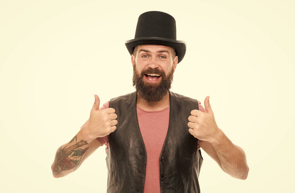 Circus magic trick performance. Magician circus worker. Man bearded guy cheerful face solve problem as magician. Magician character. Magician trick performance concept. Ready to see some magic - 写真・画像