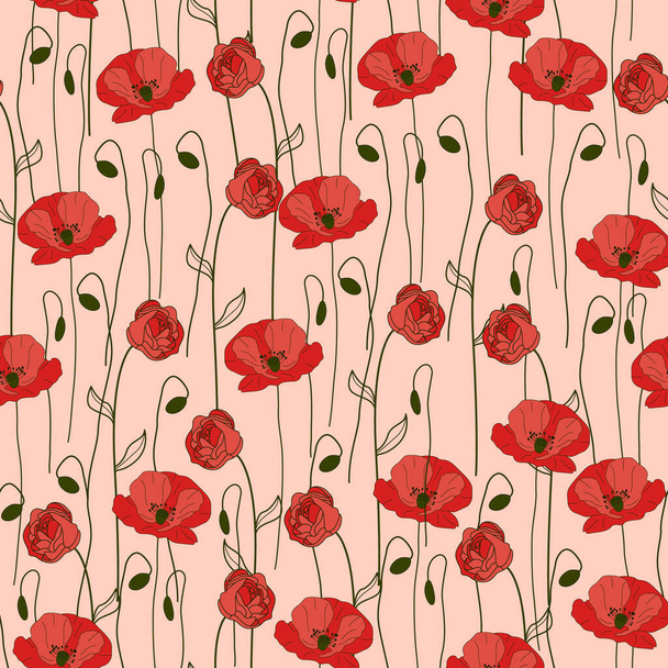 Beautifull wild poppy flowers fabric pattern design - Vector, Image
