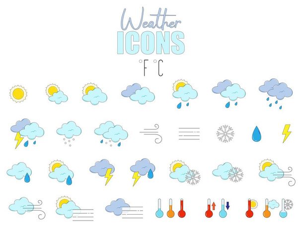 Illustration vectorielle. Ensemble d'icônes météo. Stickers météo - Vecteur, image