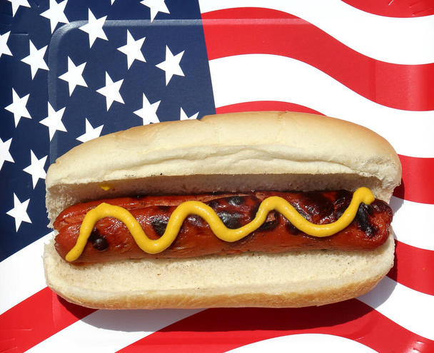 Amerykański Dzień Niepodległości. Szczęśliwego 4 lipca. Dzień Niepodległości USA. Amerykańska flaga. 4 lipca. Amerykańska flaga ze szczęśliwym tekstem z 4 lipca i Hot Dog z musztardą. Obchody Dnia Niepodległości Ameryki. Szczęśliwego Święta Lipca. Hot Dog z musztardą. - Zdjęcie, obraz