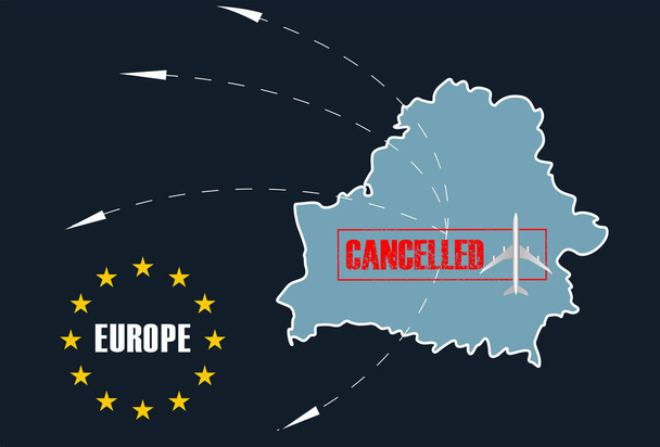 Cancelación de vuelos en Europien Union para Bielorrusia debido al escándalo internacional con las aerolíneas. sanciones en respuesta al terrorismo de Lukashenka. Banner para artículo en revistas, periódicos Vector - Vector, imagen