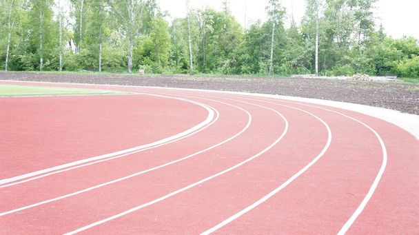 Running track in het rood met een carbon coating rond het stadion met witte verdeelstrepen - Foto, afbeelding