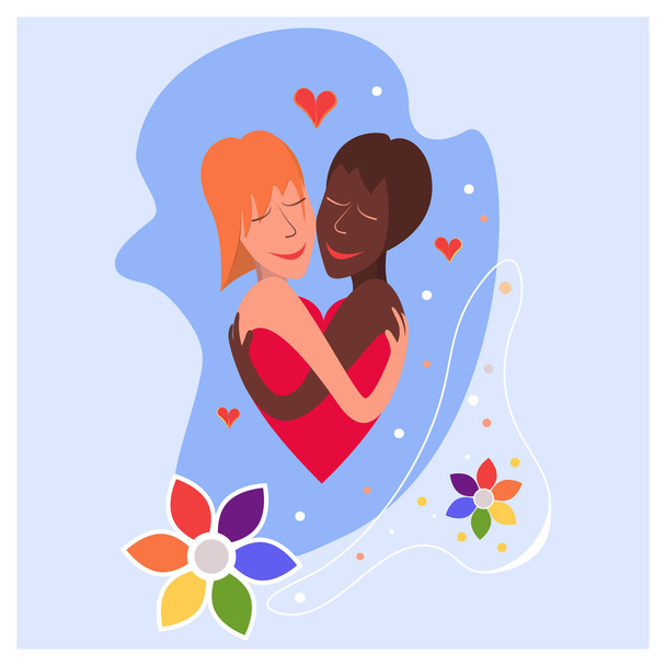 Two lesbians, black and white. LGBT couple ,portrait of cute young girls hugging each other. Cartoon character of a young LGBT couple hugging. - Vector, Image