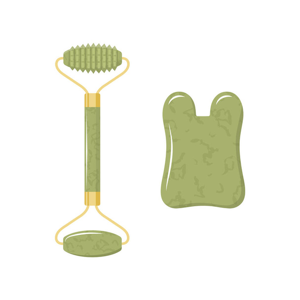 Raschietto Gua sha e rullo di giada per il massaggio facciale. Collezione di diverse pietre di nefrite verde naturale di forma. Il concetto di cura della pelle. Illustrazione vettoriale in stile fumetto piatto - Vettoriali, immagini