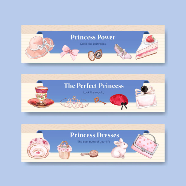 Banner sjabloon met prinses outfit concept, aquarel styl - Vector, afbeelding