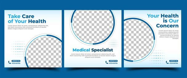 Set of Medical social media post template design. Modern banner design with blue line frame color. Usable for social media post, flyer, card, and website. - Vector, Image