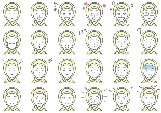 Mujer de negocios musulmana Vector Varias expresiones faciales establecidas aisladas en un fondo blanco. Conjunto de Clipart fácil de usar aislado sobre un fondo blanco. - Vector, imagen