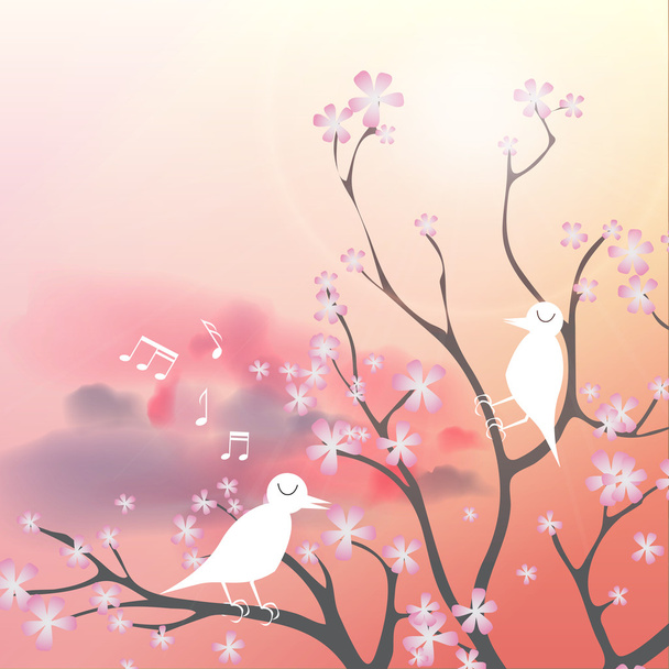romantisches Bild eines Vogels, der singend auf einem blühenden Ast sitzt - Vektorillustration - Vektor, Bild