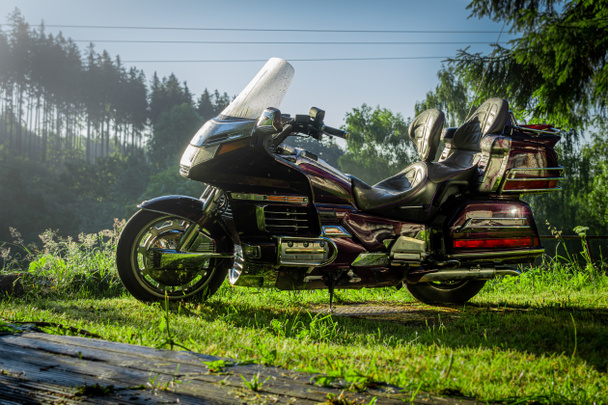 Japon motosiklet Honda Goldwing. Ormanın dışında park etmiş bir motosiklet. Güzel makine - Fotoğraf, Görsel