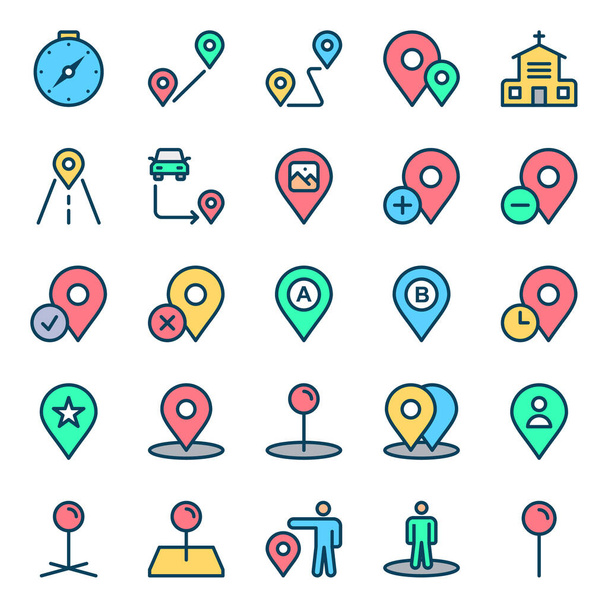 Filled color outline icons for map and location. - Vector, Image